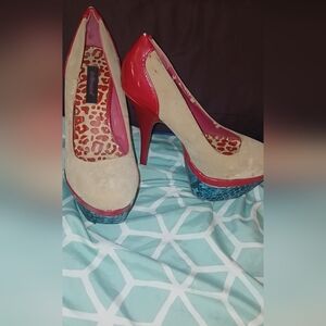 Dollhouse High Heel Platform Pumps in Beige and Red - Women's Fashion Shoes